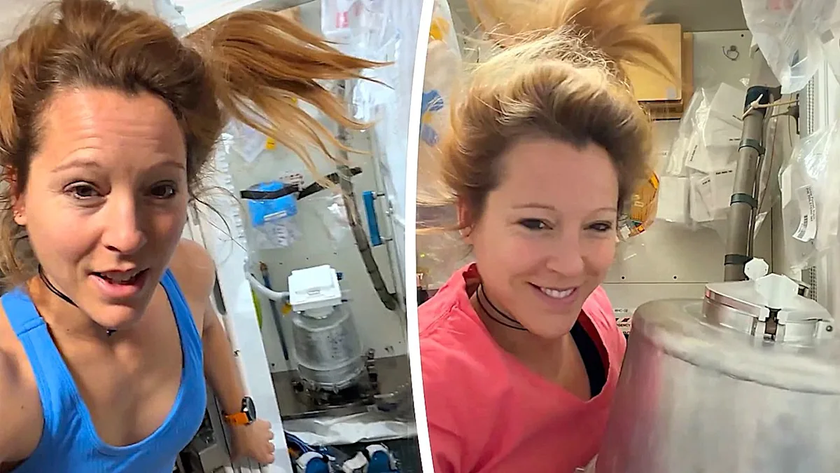 A female French astronaut demonstrating the use of the space toilet on the International Space Station, with a complex system of pipes and valves in the background, showcasing the primary keyword space toilet