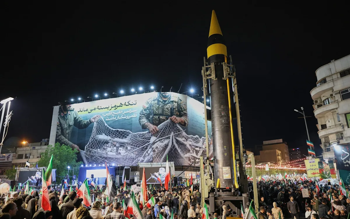 A photograph of Iranian missiles on display, with a caption that reads 'Iran's military capabilities under scrutiny' - the primary keyword here is 'Iran missiles'