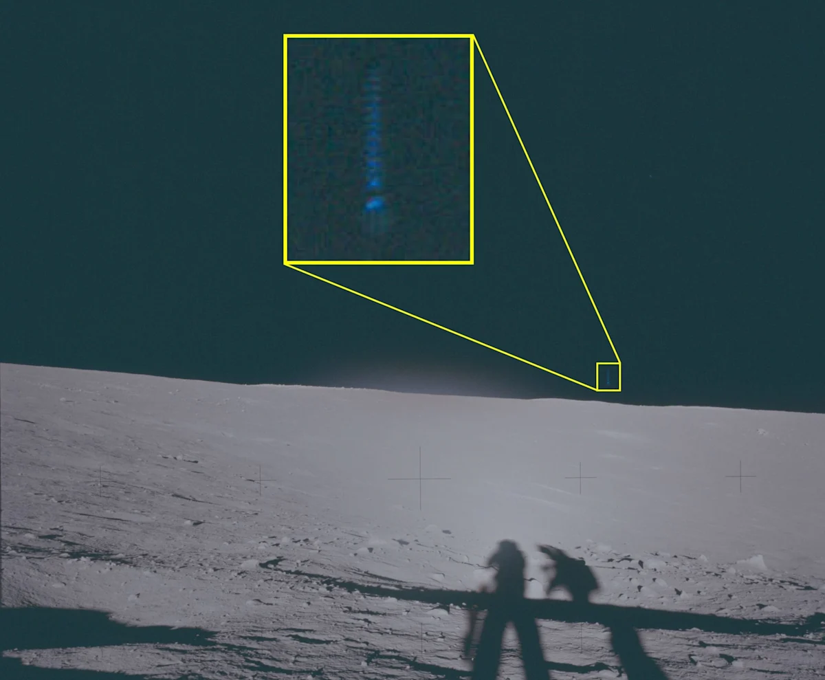 A descriptive image of the lunar surface with a UFO in the background, showcasing the Apollo astronauts' extraordinary encounters with unidentified flying objects, with a beautiful colour palette