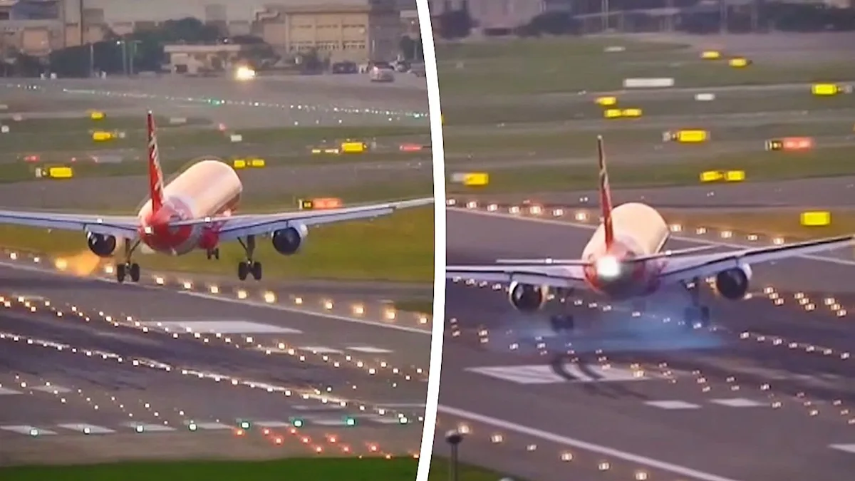 A plane performing a dramatic crosswind landing in Taiwan, with strong winds threatening to destabilise the aircraft, a testament to the pilot's skill and expertise in handling such a complex manoeuvre