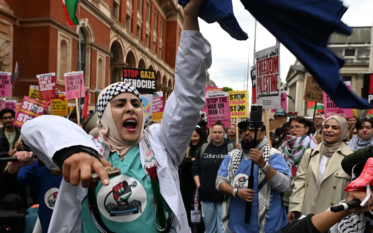 Pro-Palestine protesters holding flags and banners during a march against Tommy Robinson, with a sea of colour and vibrant signs on display, as they call for an end to his divisive behaviour and promote their message of peace and solidarity, with the primary keyword of Pro-Palestine protests featured prominently