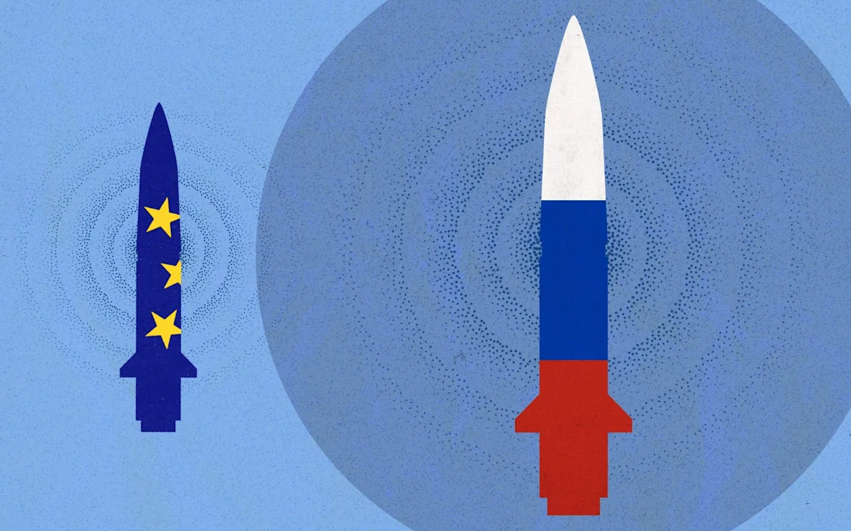 A photo of a missile launch, with a subtle background image of a European city, symbolising the European missile crisis and the potential threat to global security and diplomatic relations, with Trump and Putin in the foreground, highlighting their roles in the crisis