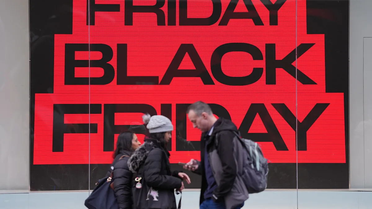 A person holding a tablet with a Black Friday deals webpage on the screen, surrounded by shopping bags and discount signs, with a concerned expression, highlighting the issue of misleading advertising in the UK retail industry