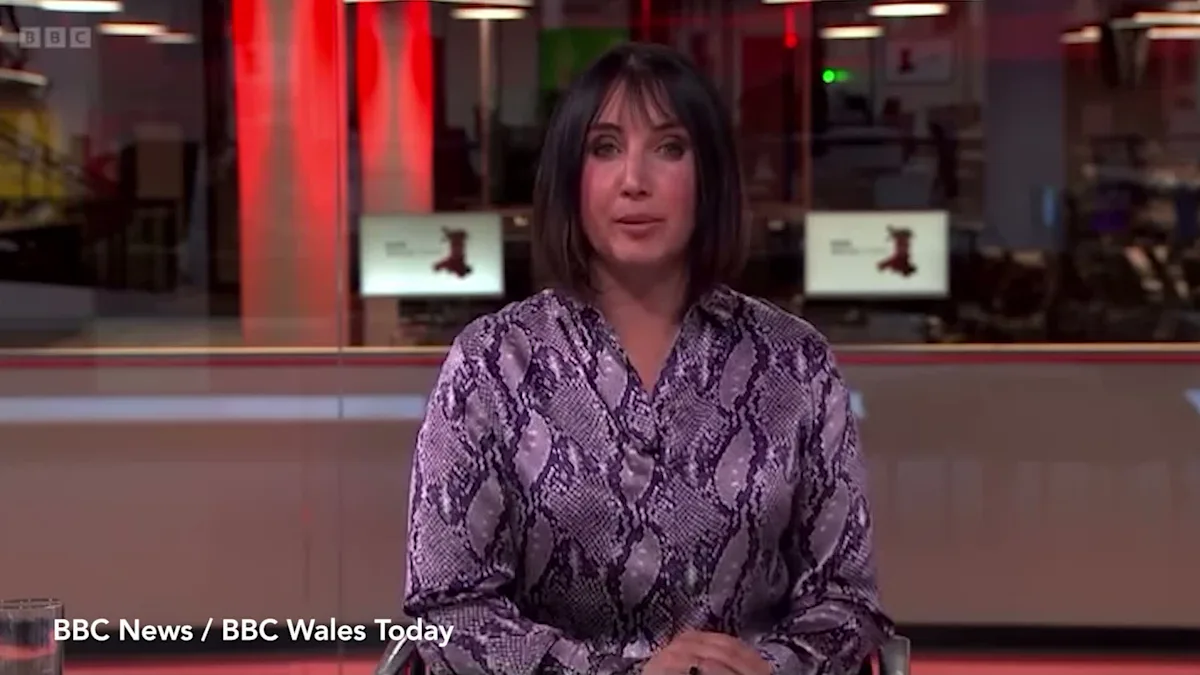 BBC Wales Today anchor speaking on live TV, with a caption referencing the primary keyword phrase 'live broadcast'