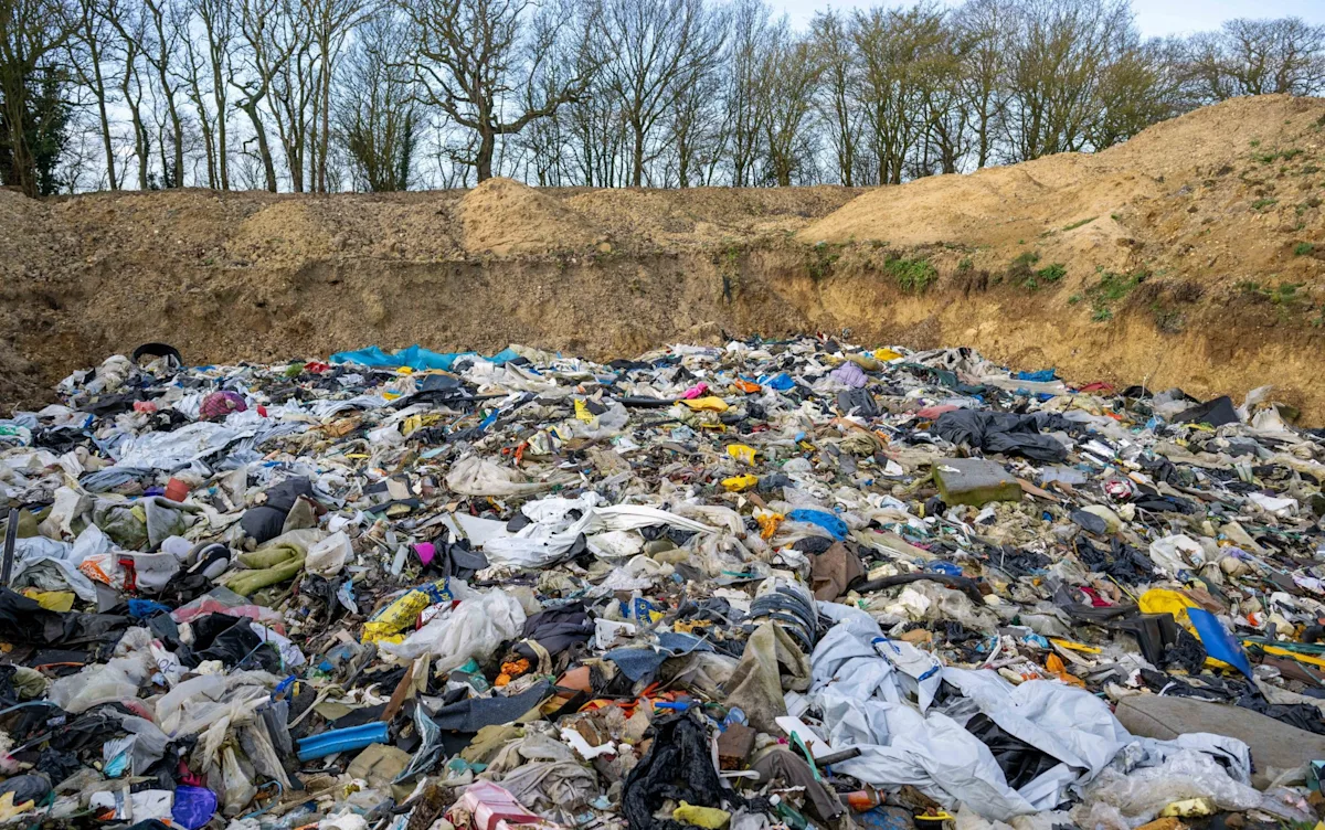 A descriptive image of a person dumping rubbish in a forest, with a Tory council logo in the background, highlighting the issue of fly-tipping in the UK, with a focus on the environment and sustainability
