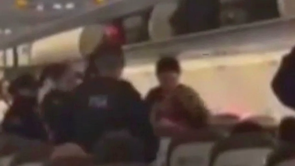 A plane with a disruptive passenger being escorted off by police, highlighting the importance of managing passenger behaviour and airline safety