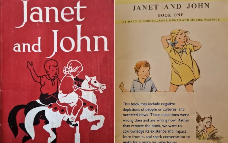A classic children's book, Janet and John, with a trigger warning label, sparking debate about education and sensitivity, with a colourful illustration of the book's characters
