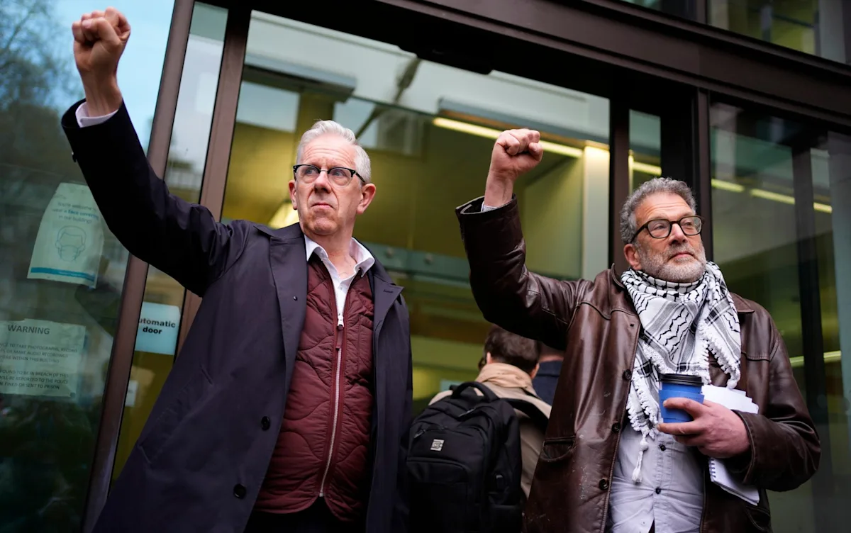Pro-Palestine activists gathering near a synagogue, holding placards and chanting slogans, with a mix of police and bystanders in the background, amidst a backdrop of tension and controversy surrounding the synagogue protest ban and Pro-Palestine activism